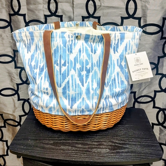 Picnic Time Handbags - SOLD Picnic Time Basket Tote Blue Beach Canvas Willow Bag!